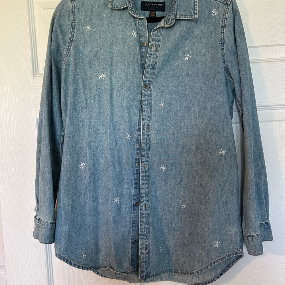Lucky Brand Light Wash Denim Shirt with White Embroidery